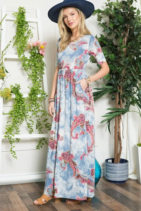 Paisley Print Short Sleeve Maxi Dress