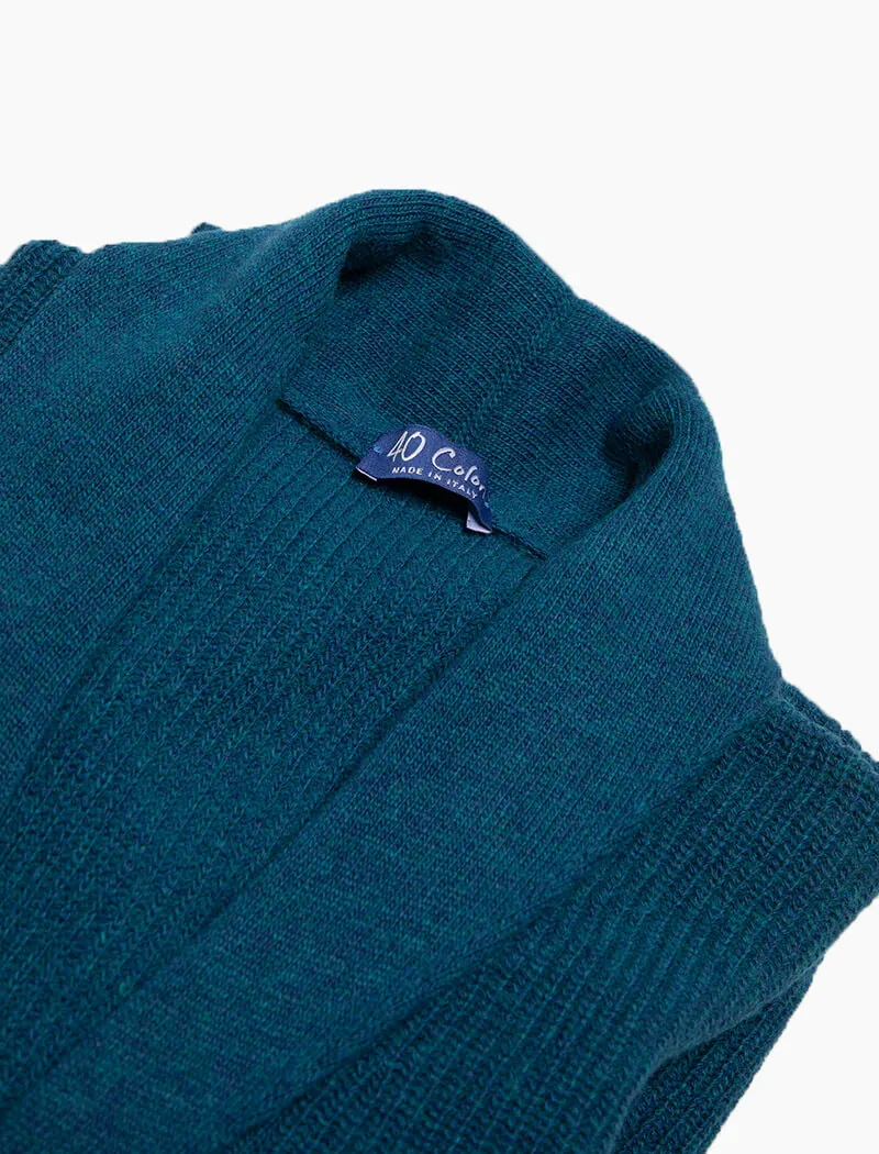 Petrol Blue Ribbed Shawl Neck Wool & Cashmere Cardigan