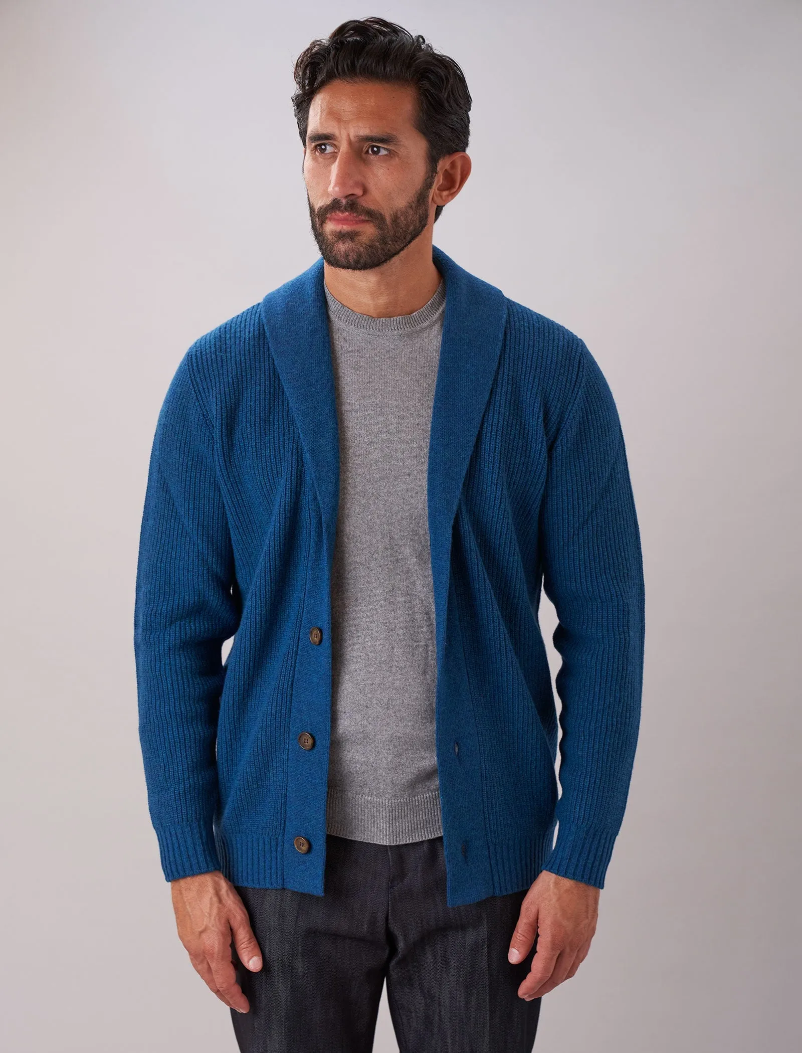Petrol Blue Ribbed Shawl Neck Wool & Cashmere Cardigan