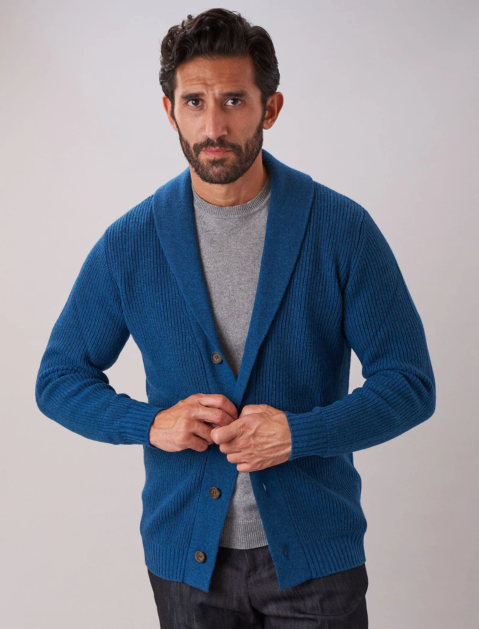 Petrol Blue Ribbed Shawl Neck Wool & Cashmere Cardigan