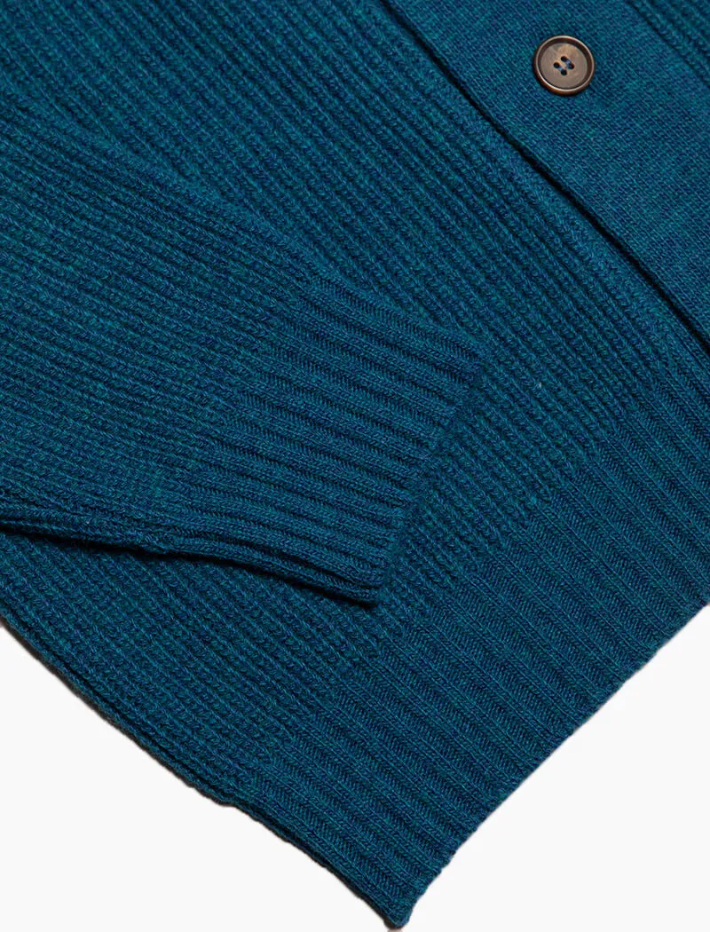 Petrol Blue Ribbed Shawl Neck Wool & Cashmere Cardigan