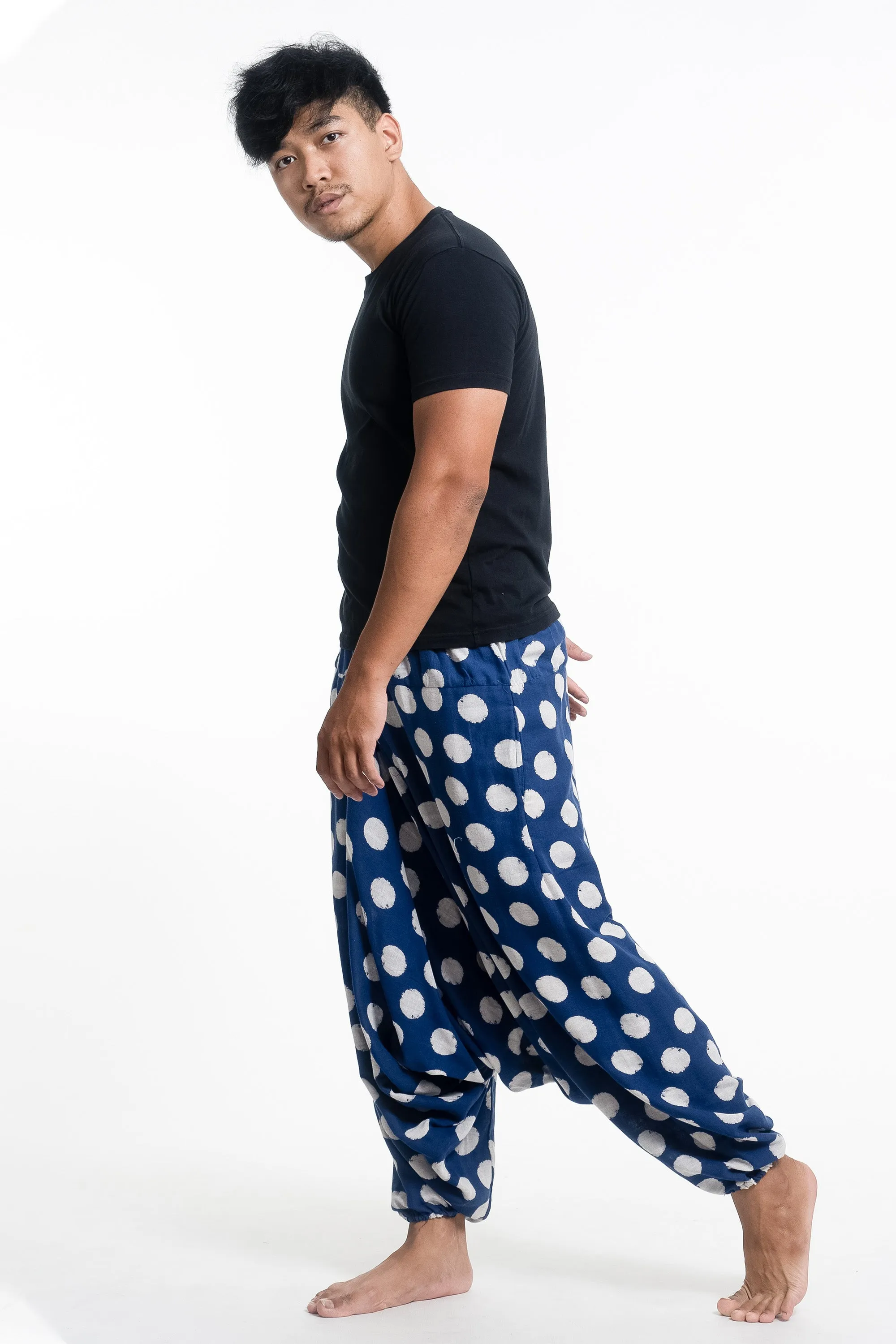 Polkadot Prints Men's Low Cut Cotton Harem Pants in Indigo