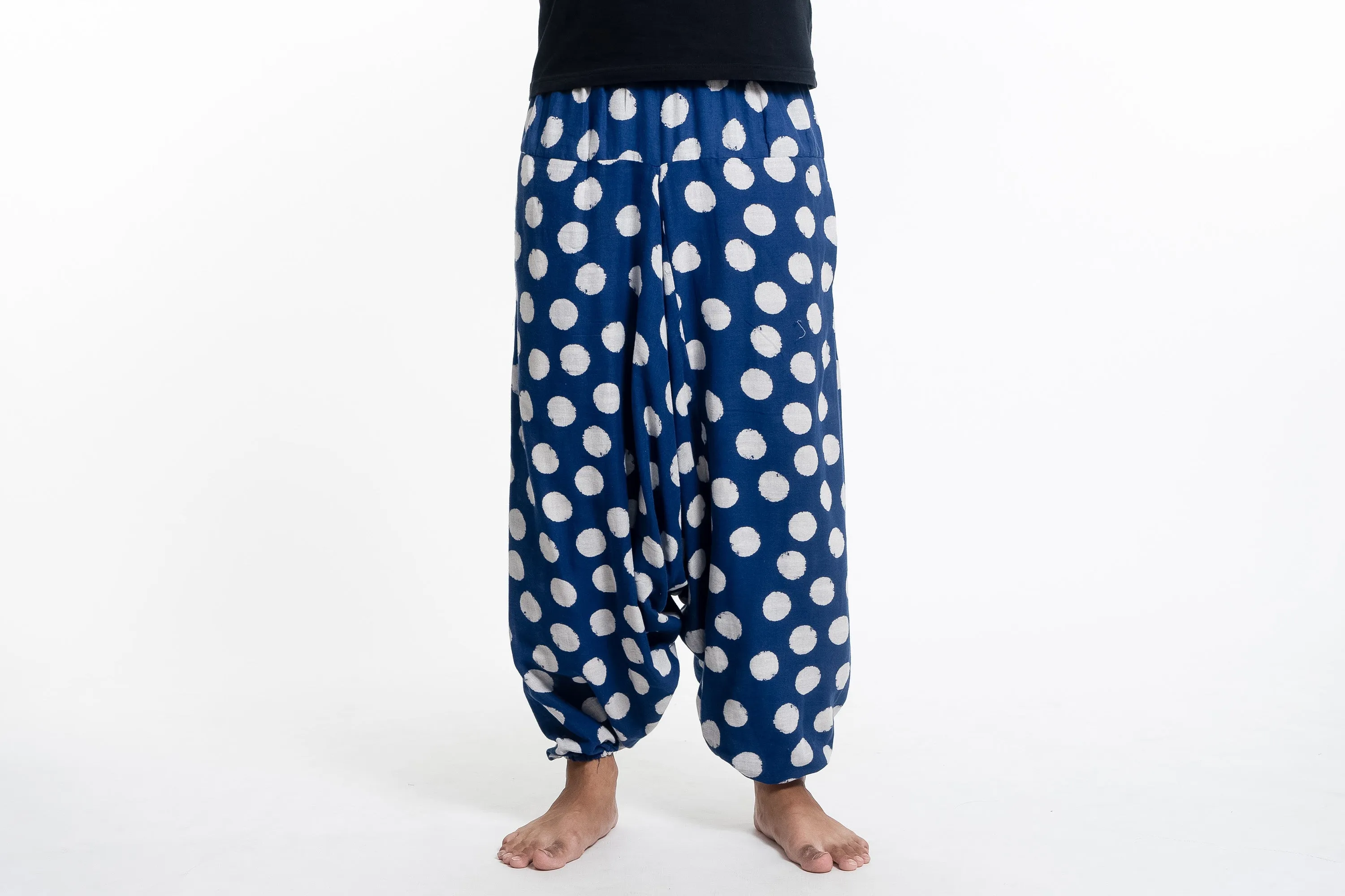 Polkadot Prints Men's Low Cut Cotton Harem Pants in Indigo