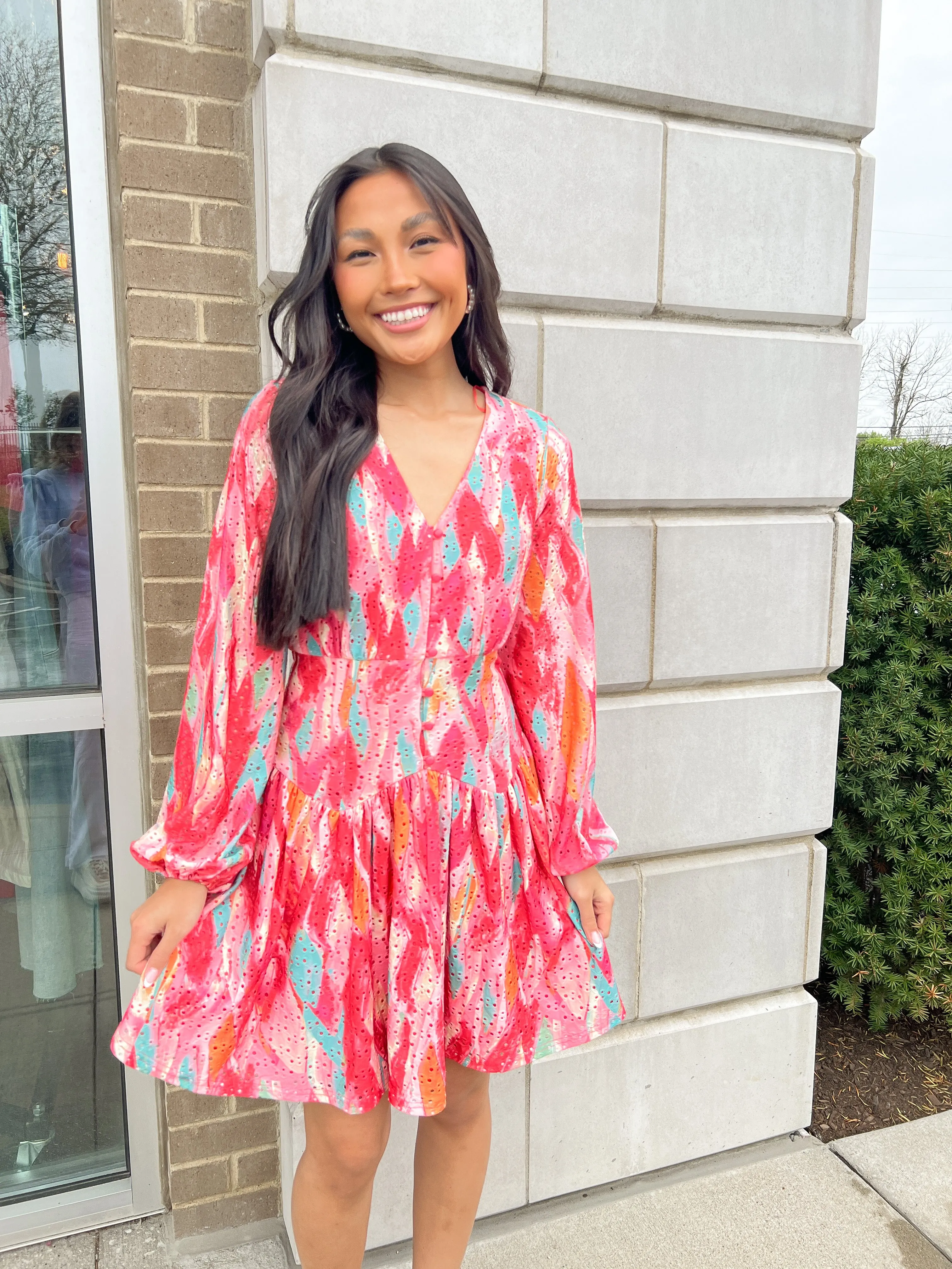Red Multi Print Eyelet Lng Slv Dress