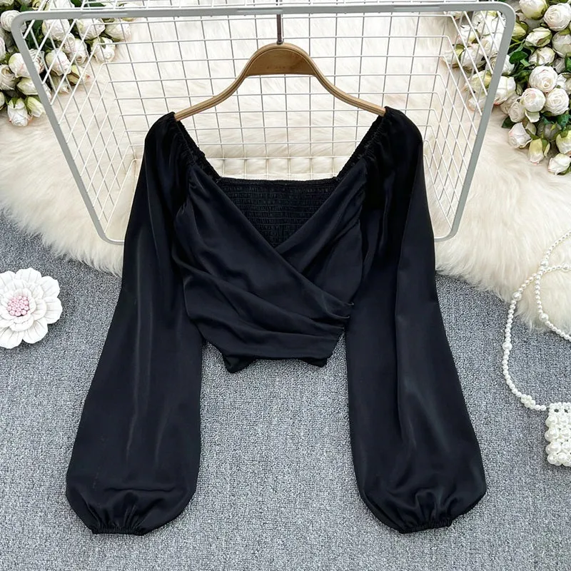 Summer Solid Color V-Neck Long Puff Sleeves Blouses