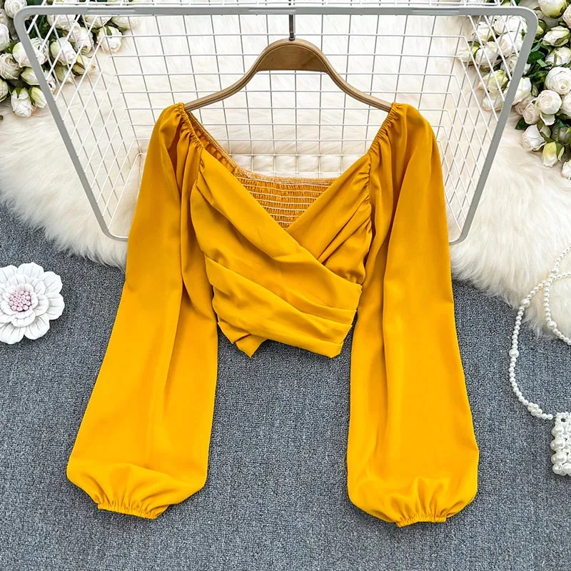Summer Solid Color V-Neck Long Puff Sleeves Blouses