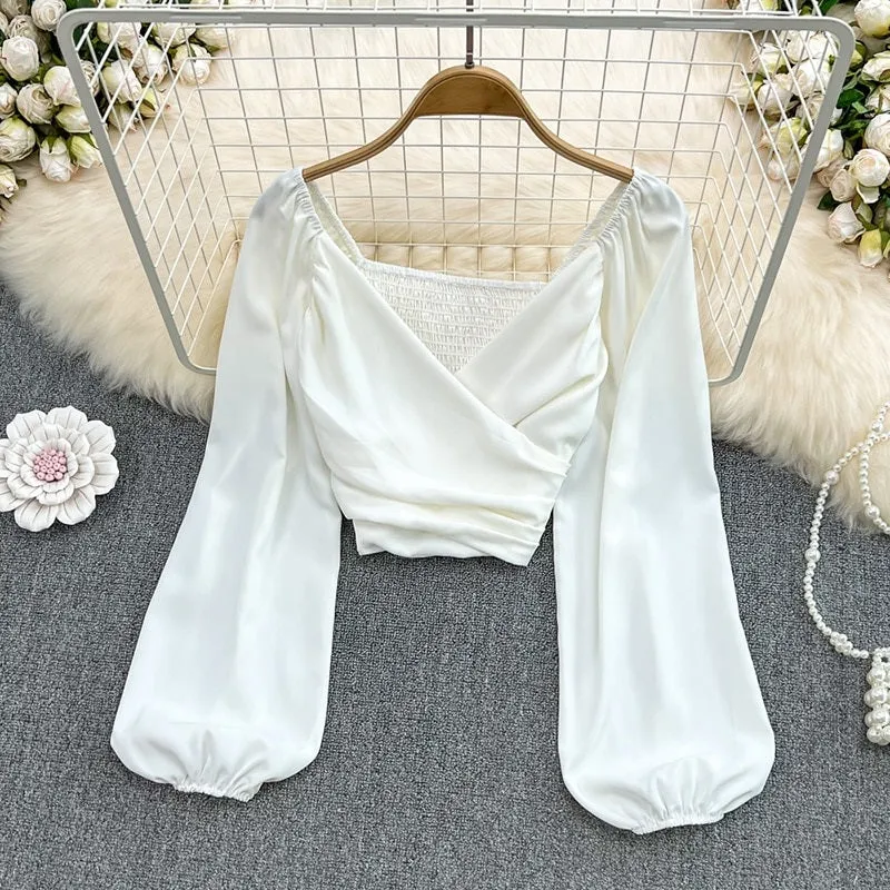 Summer Solid Color V-Neck Long Puff Sleeves Blouses