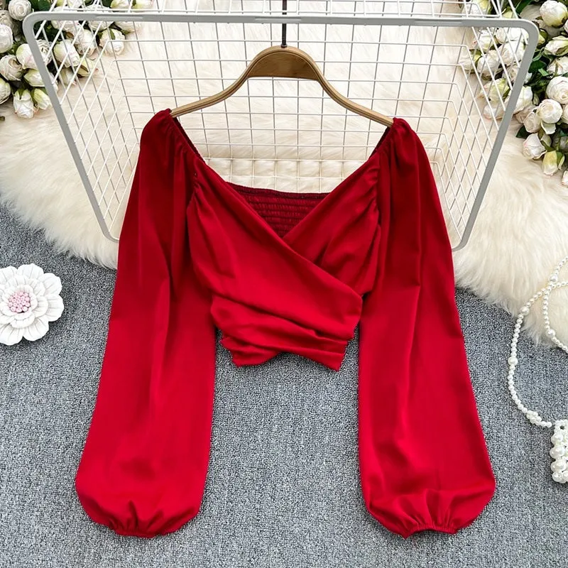Summer Solid Color V-Neck Long Puff Sleeves Blouses