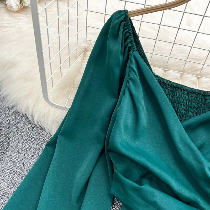 Summer Solid Color V-Neck Long Puff Sleeves Blouses