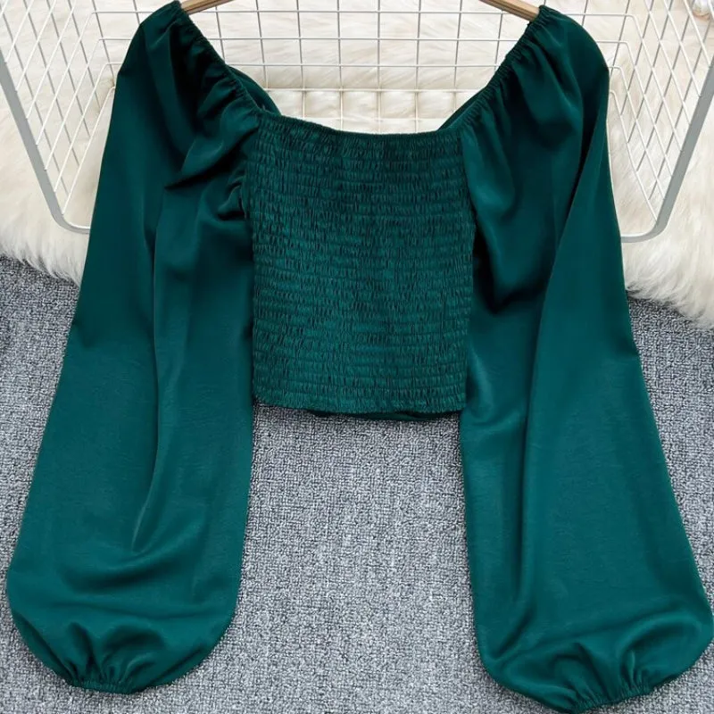 Summer Solid Color V-Neck Long Puff Sleeves Blouses