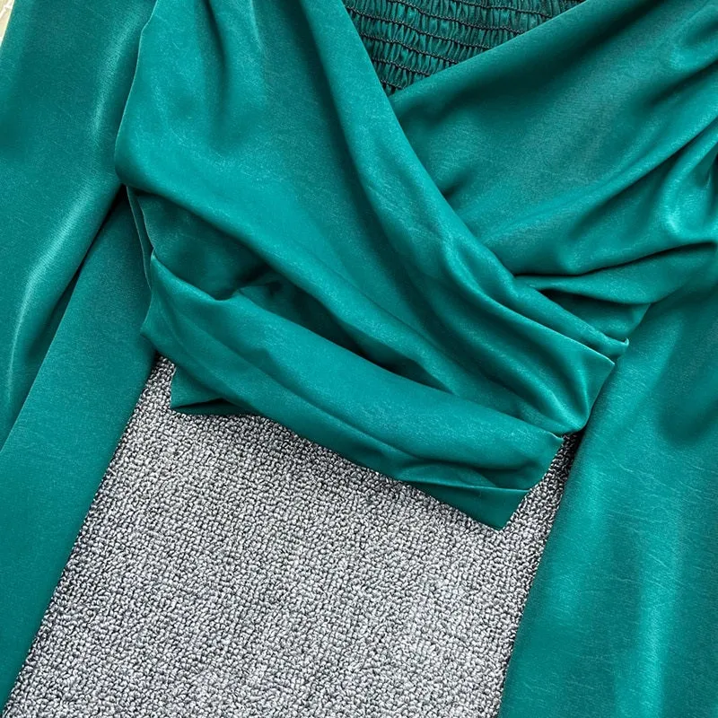 Summer Solid Color V-Neck Long Puff Sleeves Blouses
