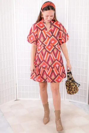 THML Tanya Rust Patterned Puff Sleeve Mini Dress