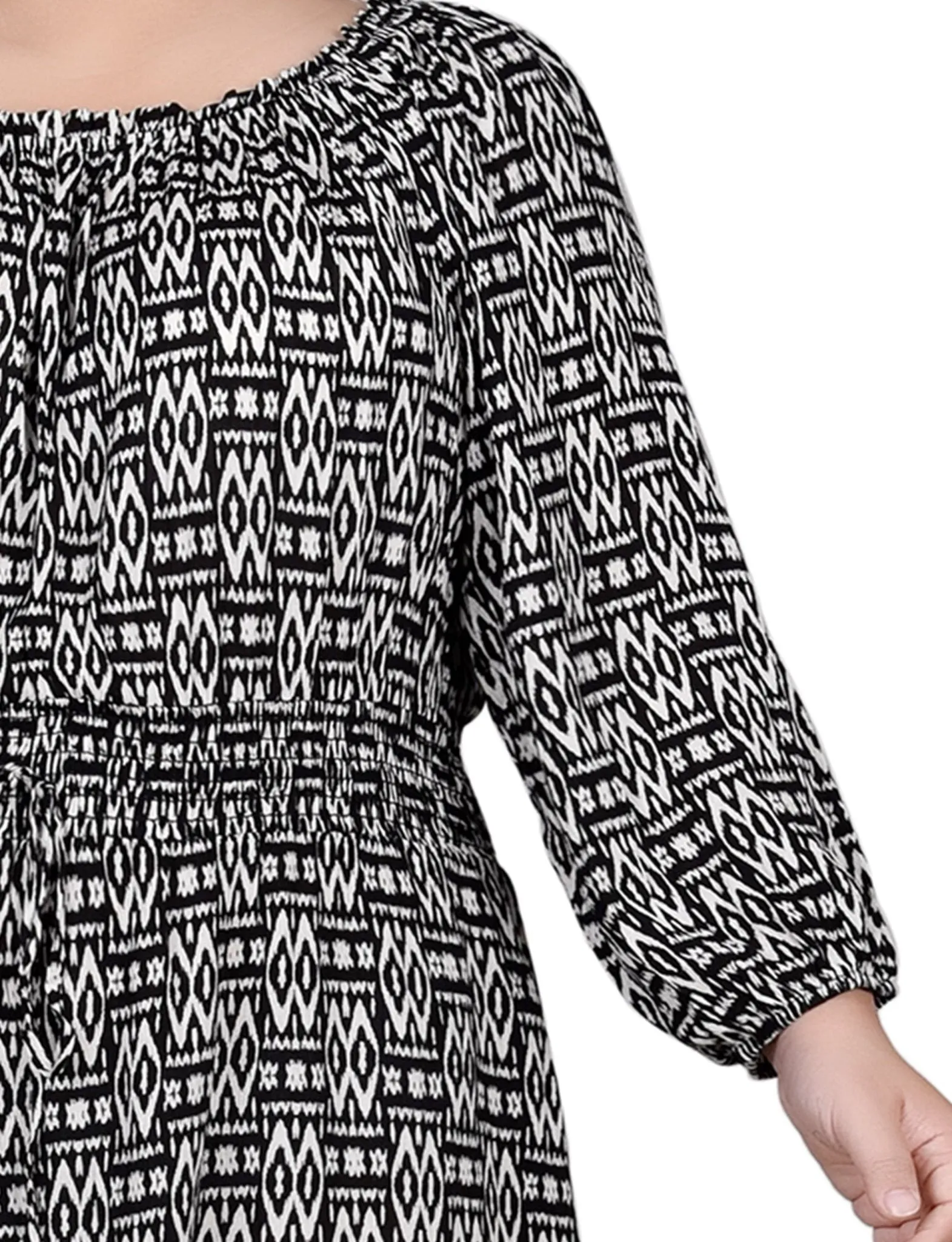 Tribal Black Off The Shoulder Dress With Smocking - Plus