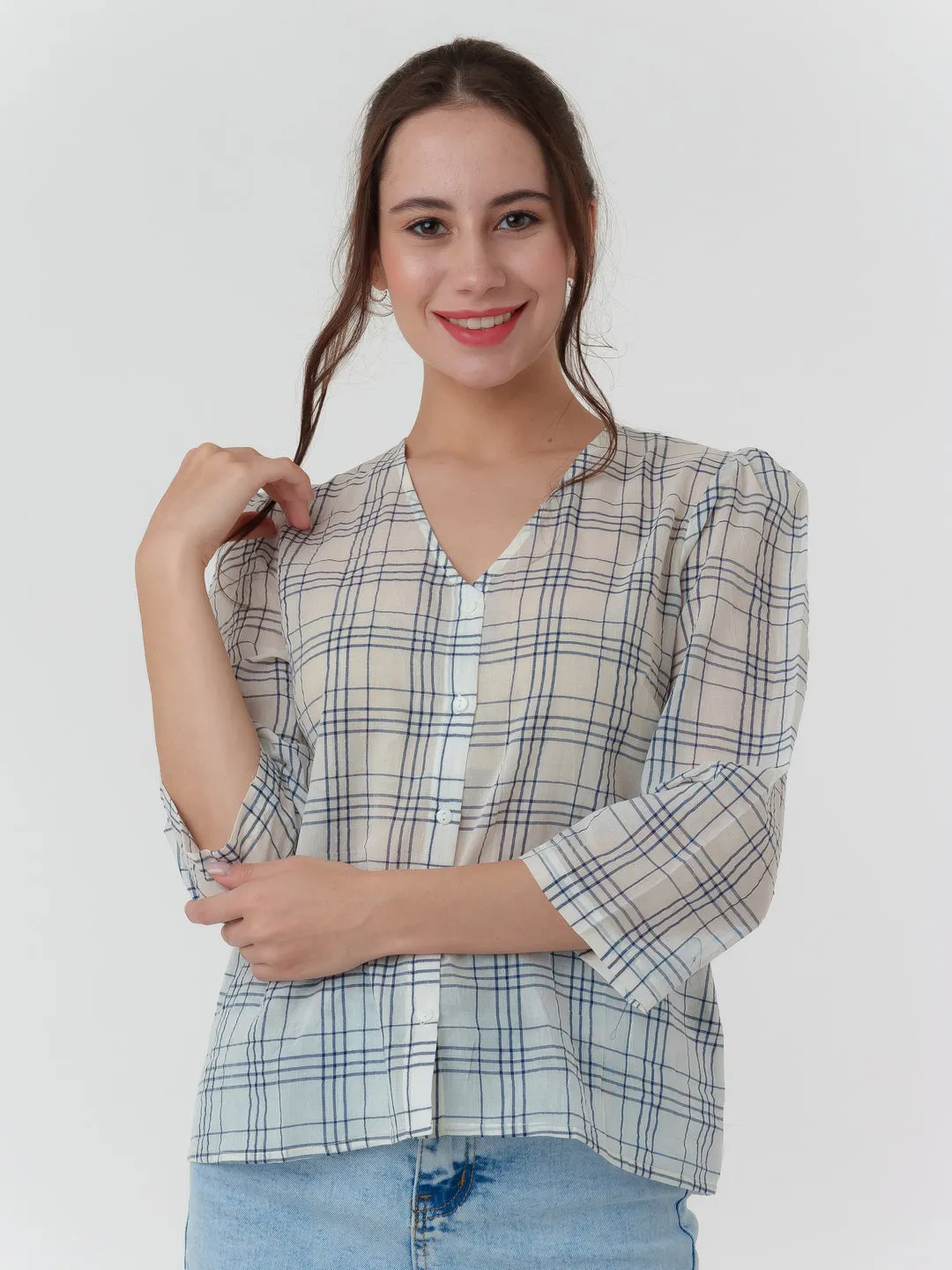 White Checked Shirt Top