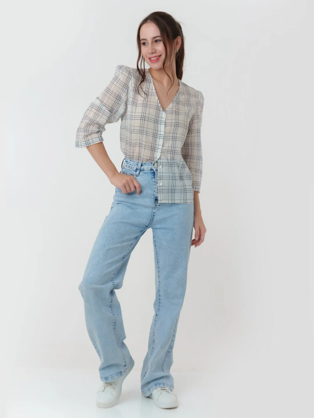 White Checked Shirt Top