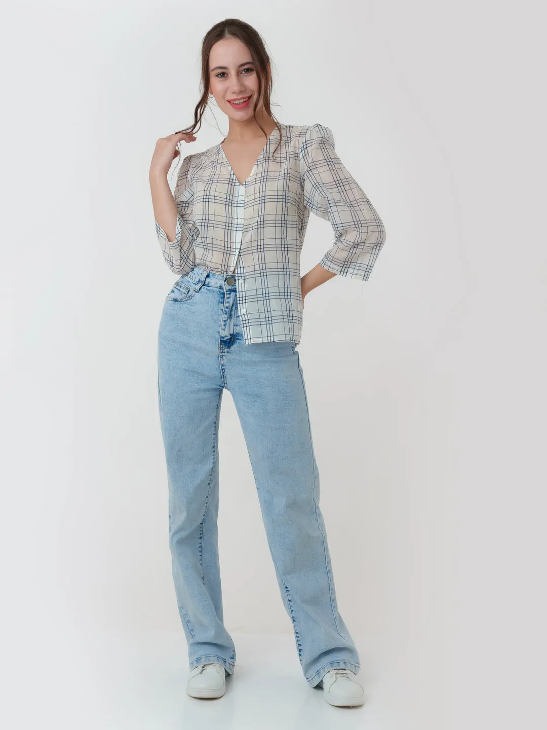 White Checked Shirt Top