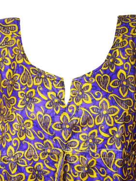 Women's Blue & Yellow Floral Midi Kaftan Dress – Effortless Boho Style  S/M/L