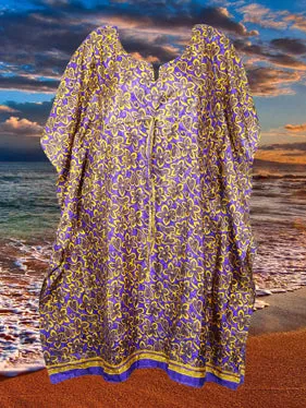 Women's Blue & Yellow Floral Midi Kaftan Dress – Effortless Boho Style  S/M/L
