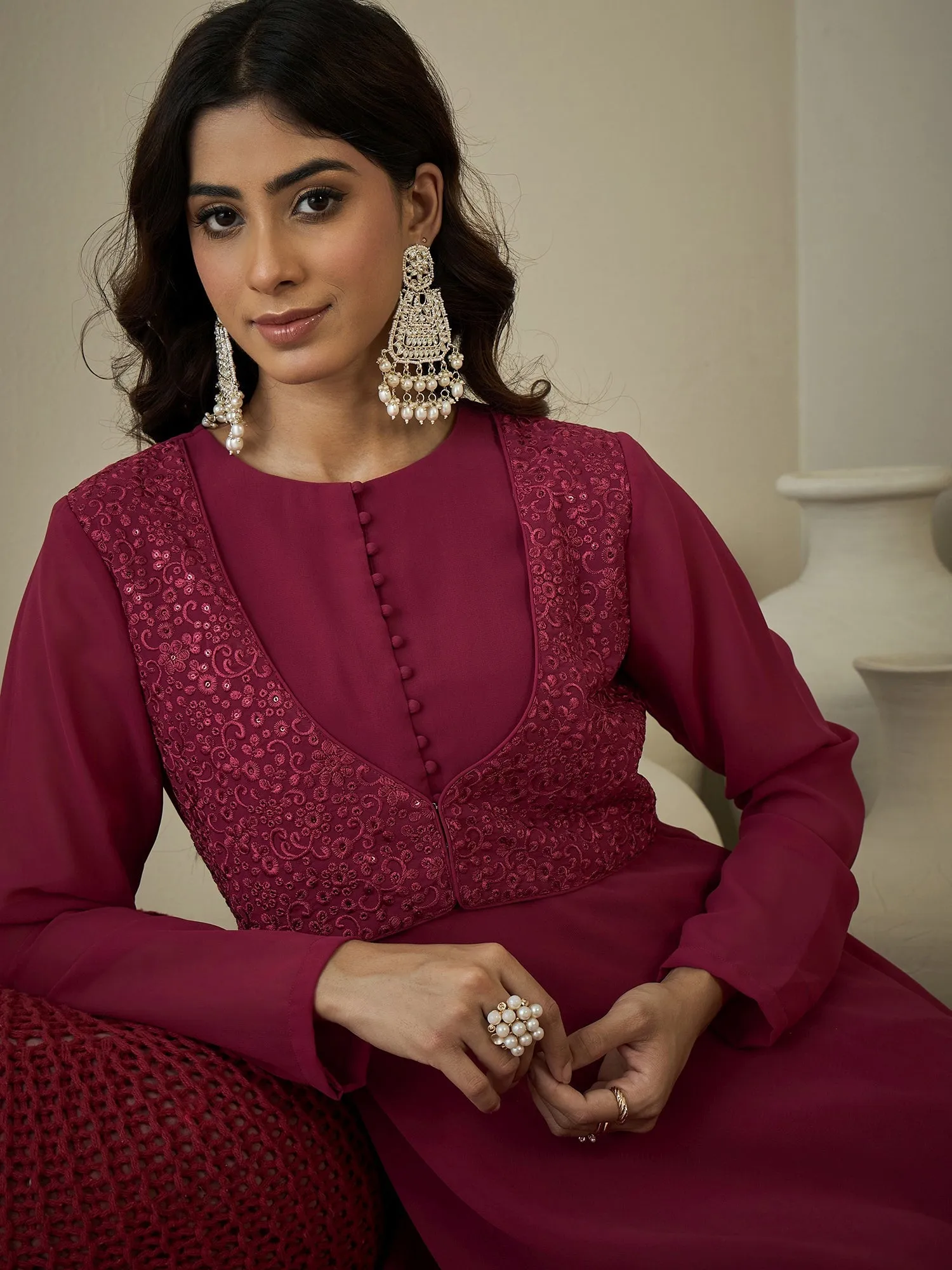 Women's Ethnic Motifs Sequinned Embroidered Maxi Ethnic Dresses