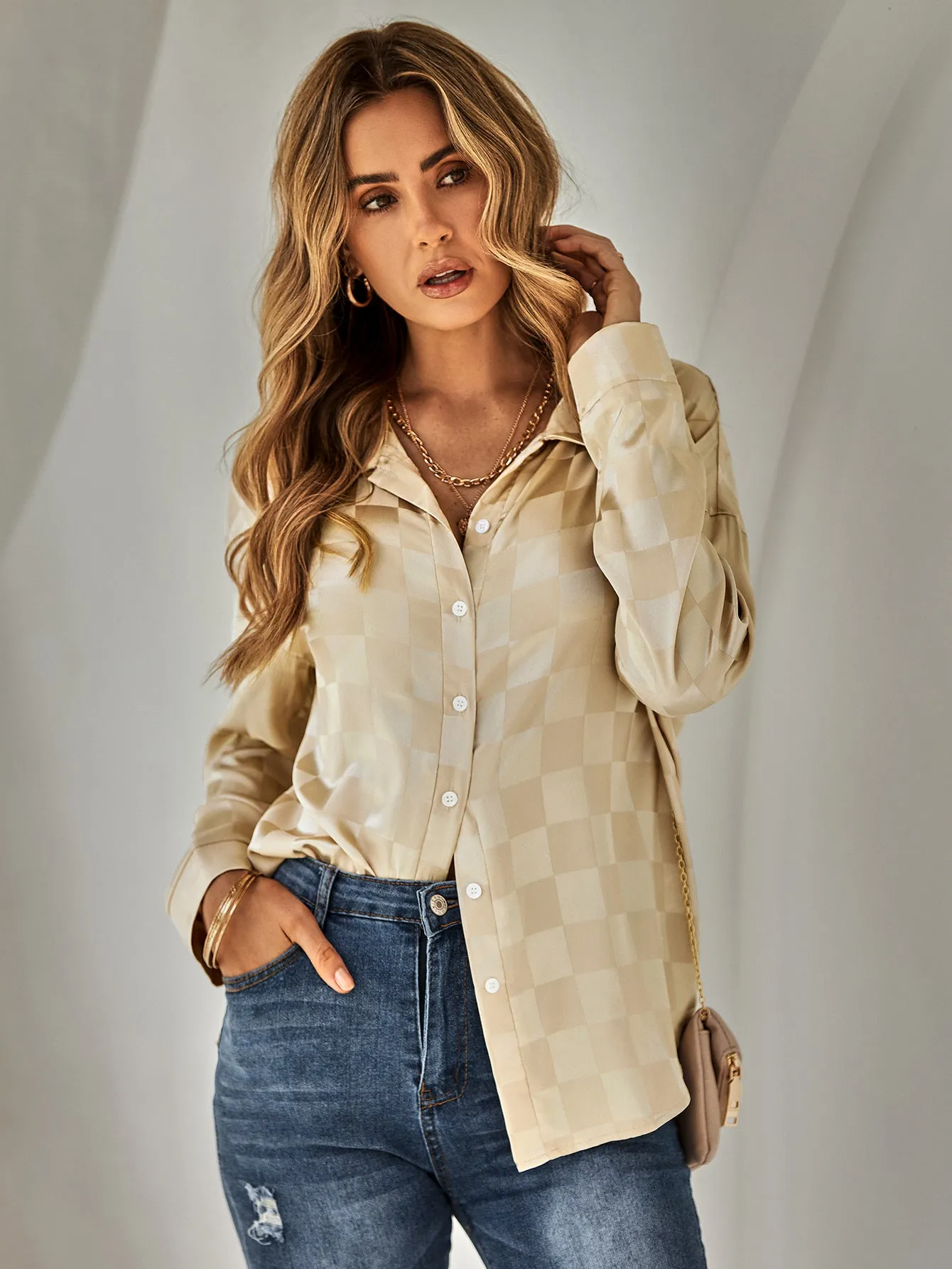 YESFASHION Cardigan Casual Check Jacquard Shirts